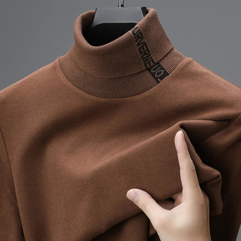 Fashion high neck exquisite letter embroidery men's sweater velvet warm T-shirt Korean style autumn winter new casual pullover
