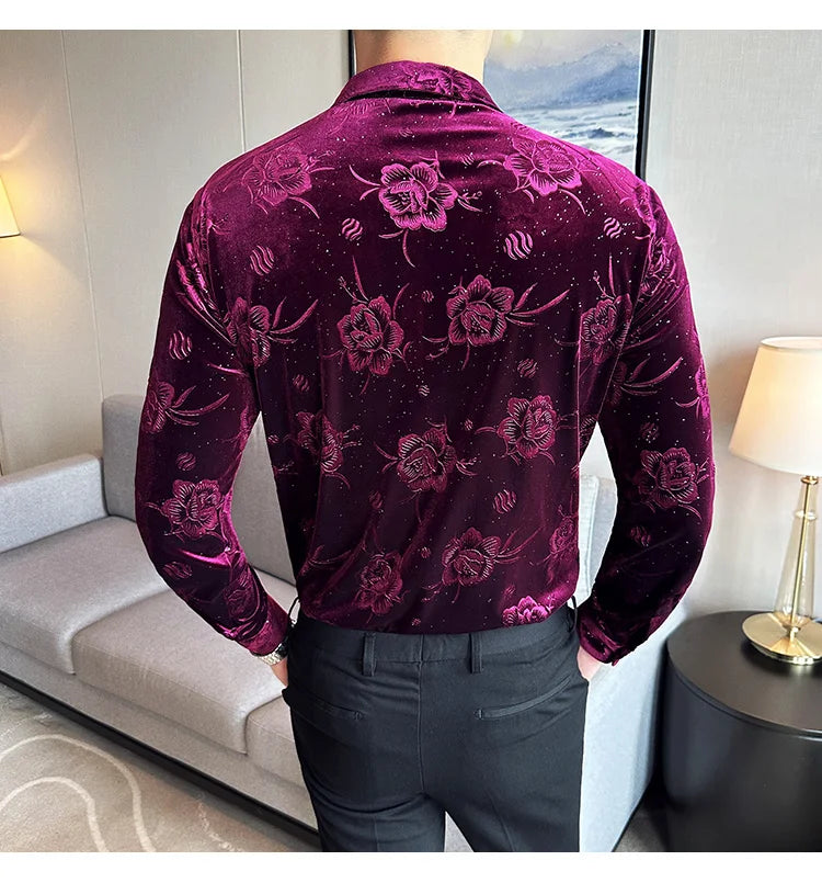 Men's Long Sleeve Velvet Flower Shirt New Luxury Printed Business Casual  Dress Shirts Formal Social Party Turn Down Collar Tops