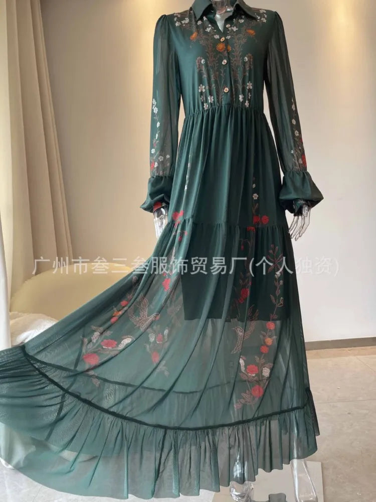 Fashion Vintage Print Dress For Women Casual Long Sleeve Turn-down Collar Button Pullover Loose Dresses Robe Femme Holiday Party