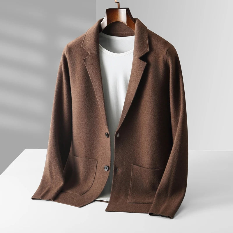 100% Pure Wool Cardigan Men's Spring And Autumn High-End Outerwear Sweater Casual Small Suit Jacket Olive Collar Sweater