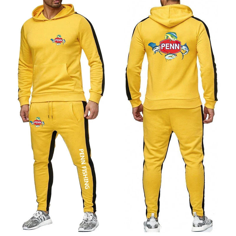 2024 Men's New Penn Fishing Reel Spring and Autumn Solid Color Sweatshirt Set Casual Long-sleeved Hoodies Pants Two Piece Suit