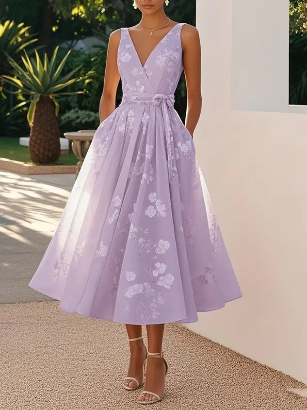 2026 Women's Dress Banquet Evening Dress Sleeveless Vest V-Neck Printed Dress