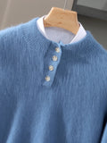 Men 100% Mink Cashmere Sweater Mock Collar Pullover with Button Autumn Winter Thicken Knitwear Smart Casual Skin Kindly Clothing