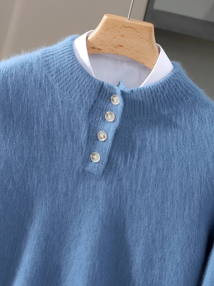 Men 100% Mink Cashmere Sweater Mock Collar Pullover with Button Autumn Winter Thicken Knitwear Smart Casual Skin Kindly Clothing