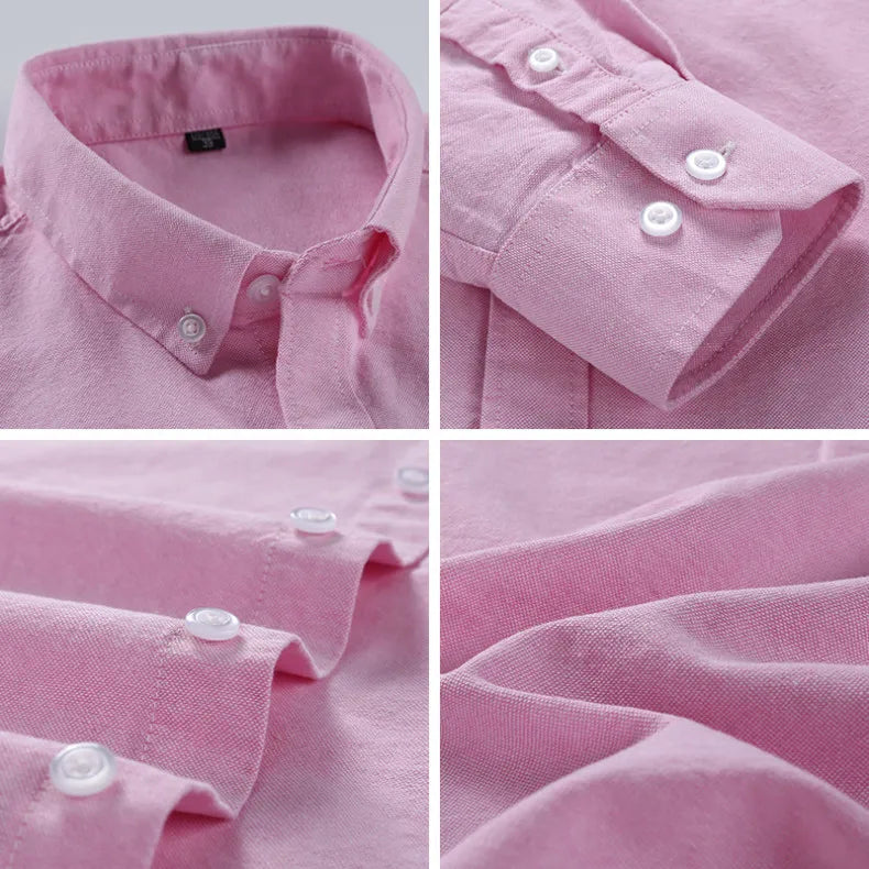 Cotton Oxford Shirt For Men Long Sleeve Plaid Striped Casual Shirts Male Pocket Regular-Fit Button-Down Work Man Dress Shirt
