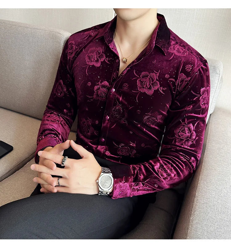 Men's Long Sleeve Velvet Flower Shirt New Luxury Printed Business Casual  Dress Shirts Formal Social Party Turn Down Collar Tops