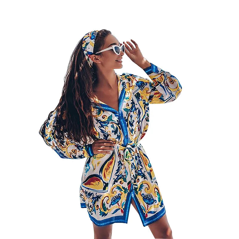 Spring Summer New Dresses For Women With Bohemian Style Positioning Printed Lace Up Long Sleeved Shirts Jumpsuits  Short Skirts