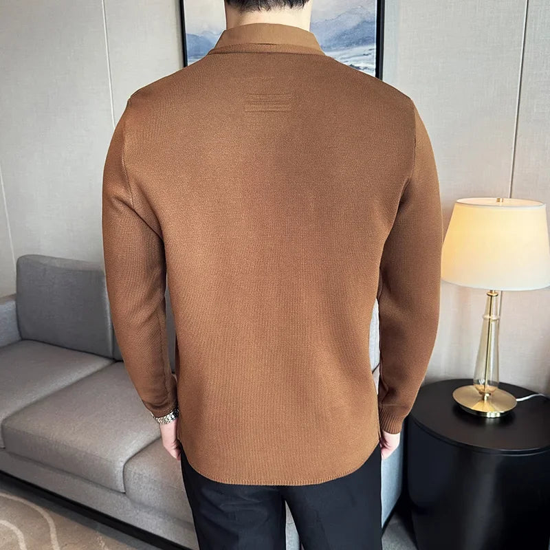 Men Fake Two Pieces Cardigan Sweater 2024 Autumn New Shirt Collar No Trace Casual Sweaters Slim Fit Pull Homme 4XL Mens Clothing