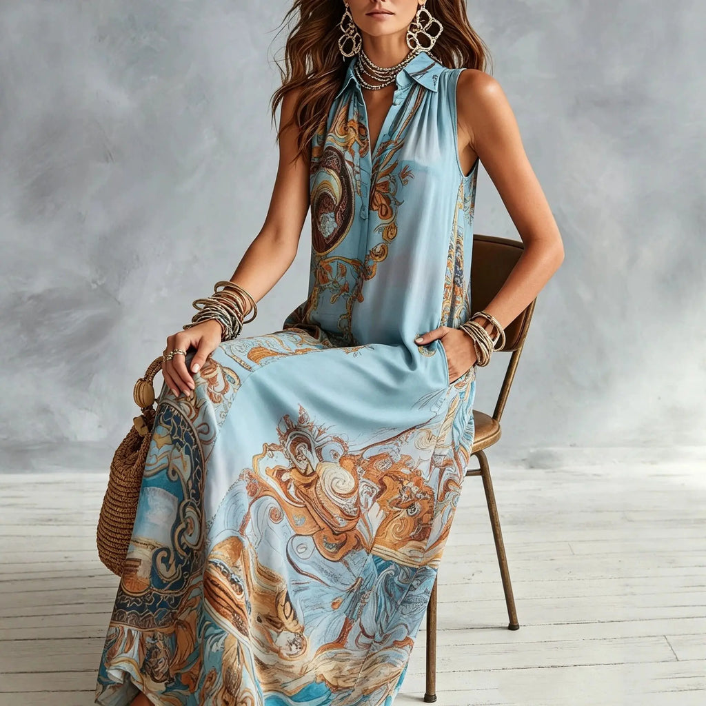 Elegant Sleeveless Long Dress for Women Digital Print Turndown Collar Single-breasted Dresses Flowy Casual Boho Summer Vestido