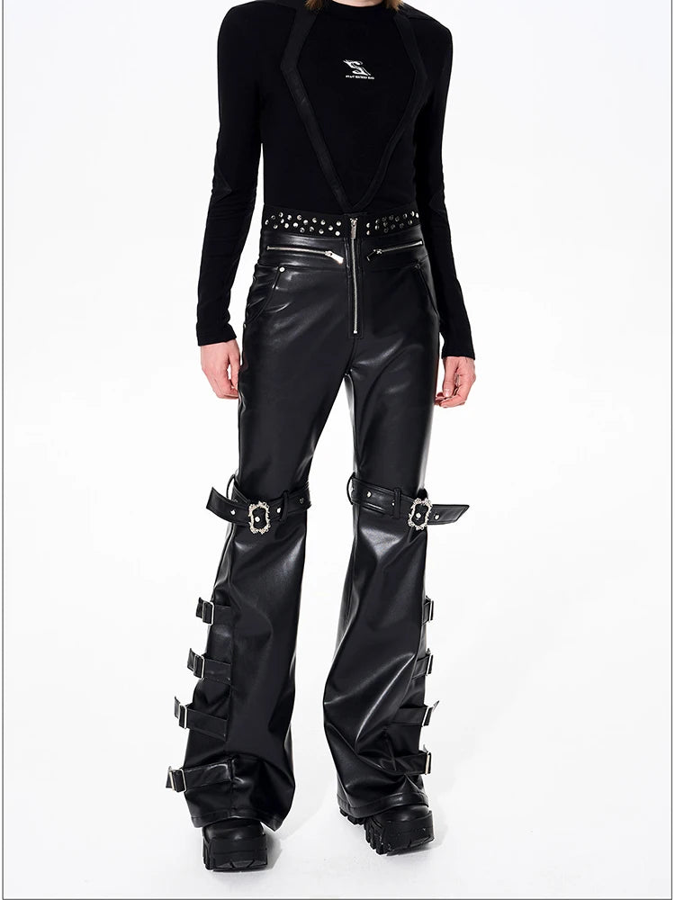 Mauroicardi Spring Autumn Cool Handsome Long Black Pu Leather Flare Pants for Men Rivet Luxury Designer Alternative Emo Clothes