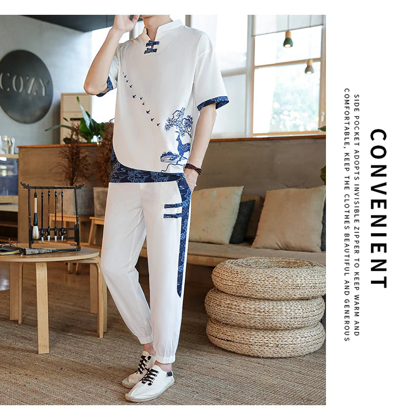 Shirts + Pants summer Cotton linen shorts sleeve shirts Men's Casual Sets Male Fashion trousers and shirts men size M-4XL TZ020