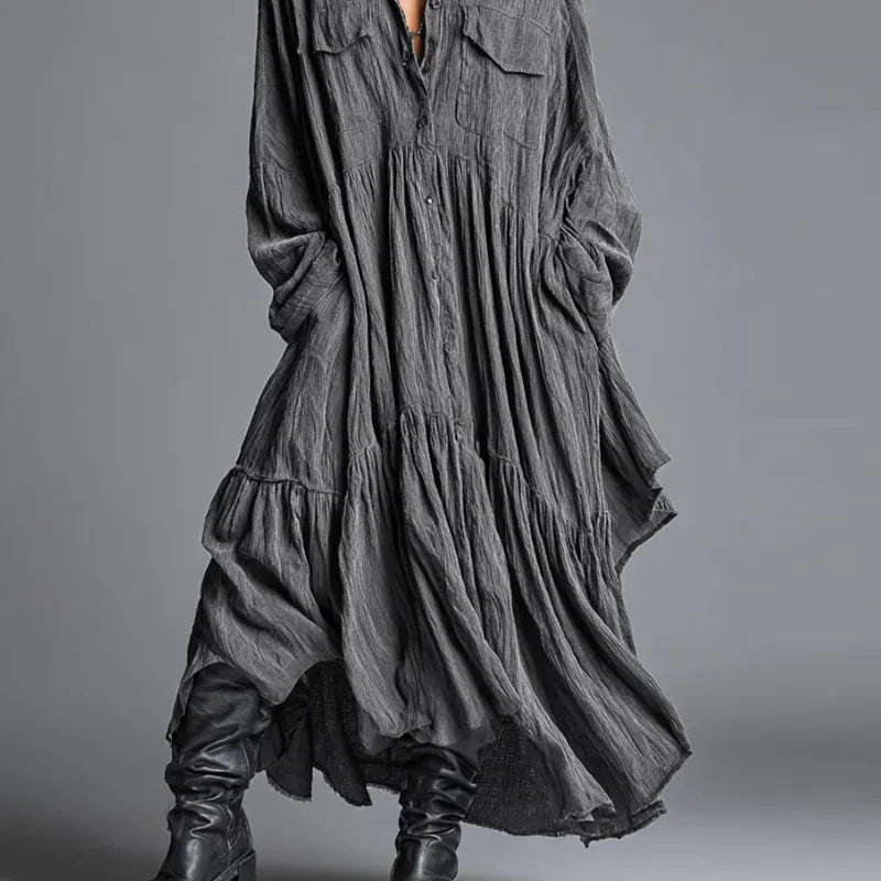 Women's Casual Dresses New Vintage Solid Loose Pleated Bohemian Long Dress 2026 Spring Long Sleeve Button Lapel Shirt Maxi Dress