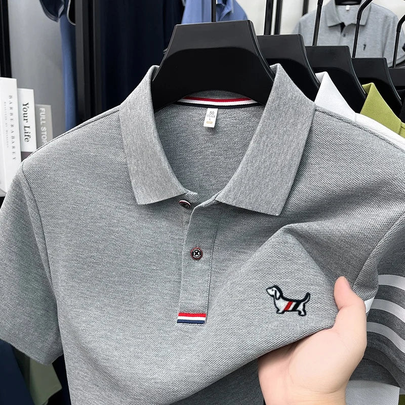 100% Cotton Summer Men's Short-Sleeved Polo Shirt Lapel Button Striped Print Business Casual Golf High-Quality Men's Clothing
