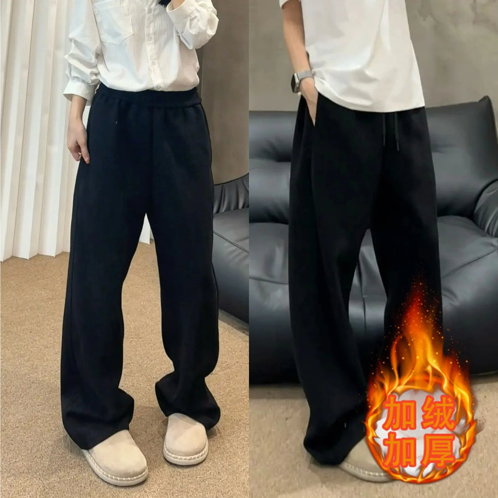 Men's Vintage Fleece-Lined Casual Sweatpants - Loose Straight Fit Heavyweight Thickened Autumn & Winter Japanese Streetwear Bran