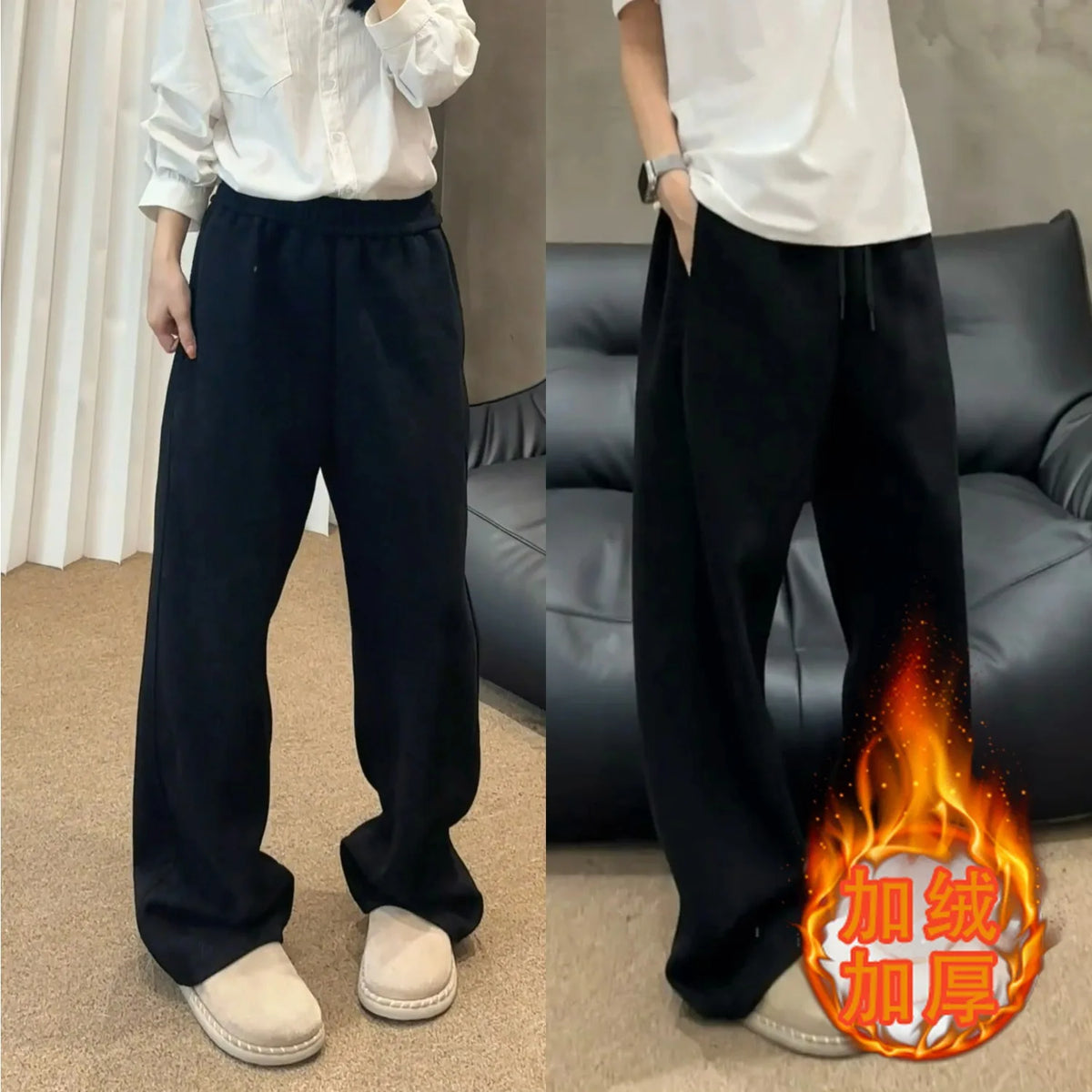 Men's Vintage Fleece-Lined Casual Sweatpants - Loose Straight Fit Heavyweight Thickened Autumn & Winter Japanese Streetwear Bran