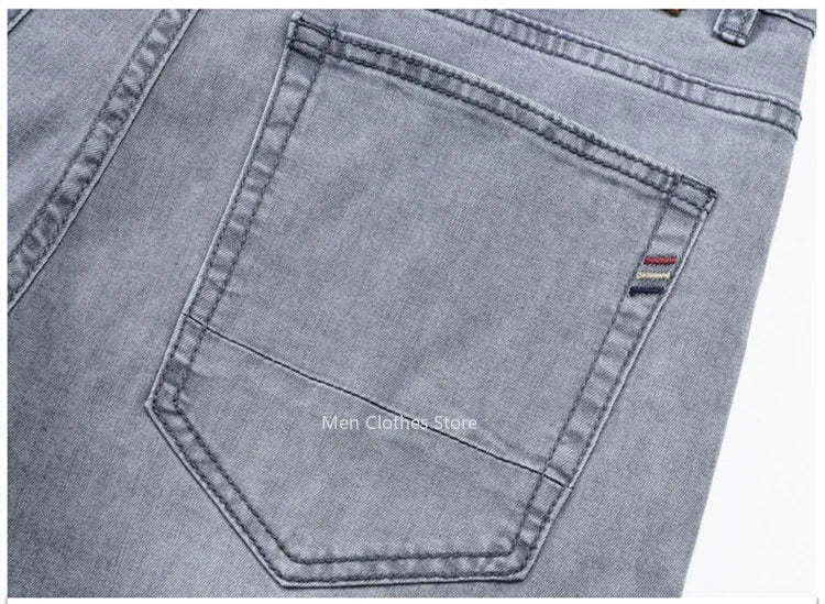 2026 Summer Thin Men's Cotton Jeans New Fashion Gray Elastic Straight Business Casual Pants Comfortable Brand Trousers
