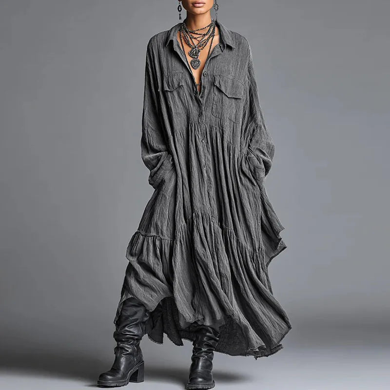 Women's Casual Dresses New Vintage Solid Loose Pleated Bohemian Long Dress 2026 Spring Long Sleeve Button Lapel Shirt Maxi Dress