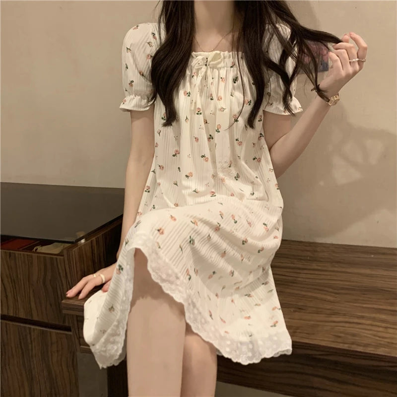 Summer Sleepwear Dress Women's 2025 New Floral Princess Style Short Sleeve High End Feeling Home Clothes Sleep Dress Summer