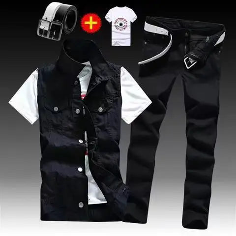 Spring Autumn Mens Thin sleeveless Denim Coat Pencil Pants T-shirts 3pcs Set Jacket Trousers Casual for Male Slim Fit