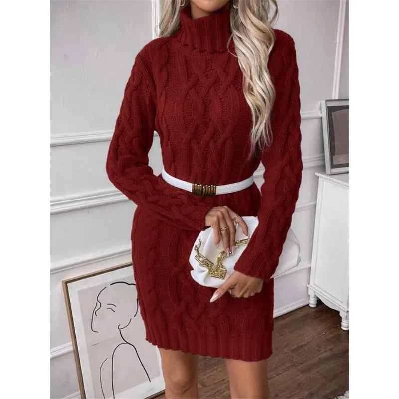Sweater Dresses Women Autumn Twisted Ribbed Knitted Long Sleeve Turtleneck Mini Casual Solid Dresses Winter Streetwear