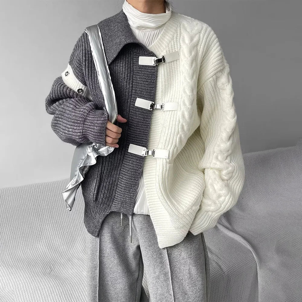 Sweater Men Y2k Splicing Button Knitted Jacket Niche Streetwear Soft Knitwear Autumn Personality Youthful Casual Mens Clothing