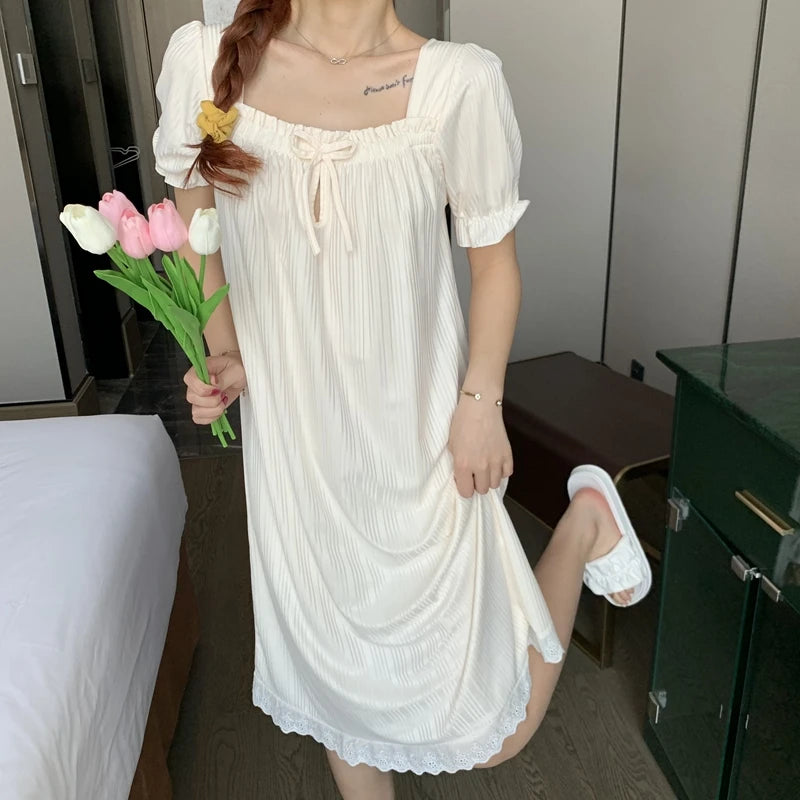 Summer Sleepwear Dress Women's 2025 New Floral Princess Style Short Sleeve High End Feeling Home Clothes Sleep Dress Summer