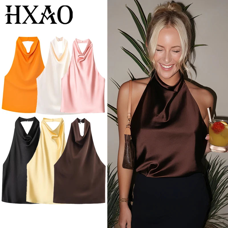 HXAO Top Women Halter Satin Women Tops Backless Corset Top Vest Yellow