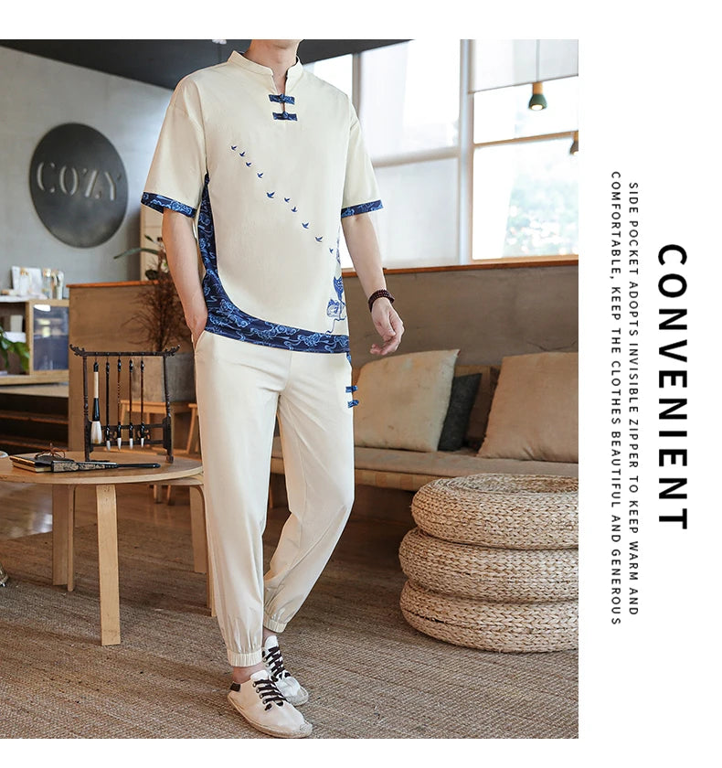 Shirts + Pants summer Cotton linen shorts sleeve shirts Men's Casual Sets Male Fashion trousers and shirts men size M-4XL TZ020