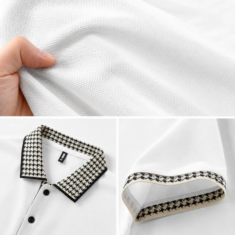 Men Contrast Collar Polo Shirt Short Sleeve Houndstooth Trim Casual Summer Top Breathable Pique Tee Regular Fit Fashion Shirt