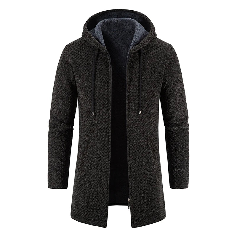 Men Winter Long Trench Coat 2023 Knit Sweater Jacket Fleece Wind Breaker Navy Turn-down Hoodies Zipper Cardigan Male Overcoat