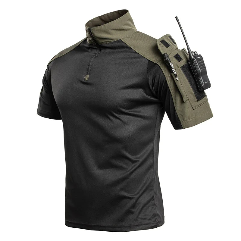 Summer Breathable Quick Dry Mens Tactical Combat Short Sleeve T-Shirts Half Zip Stand Collar Radio Pen Storage Arm Pocket Tee
