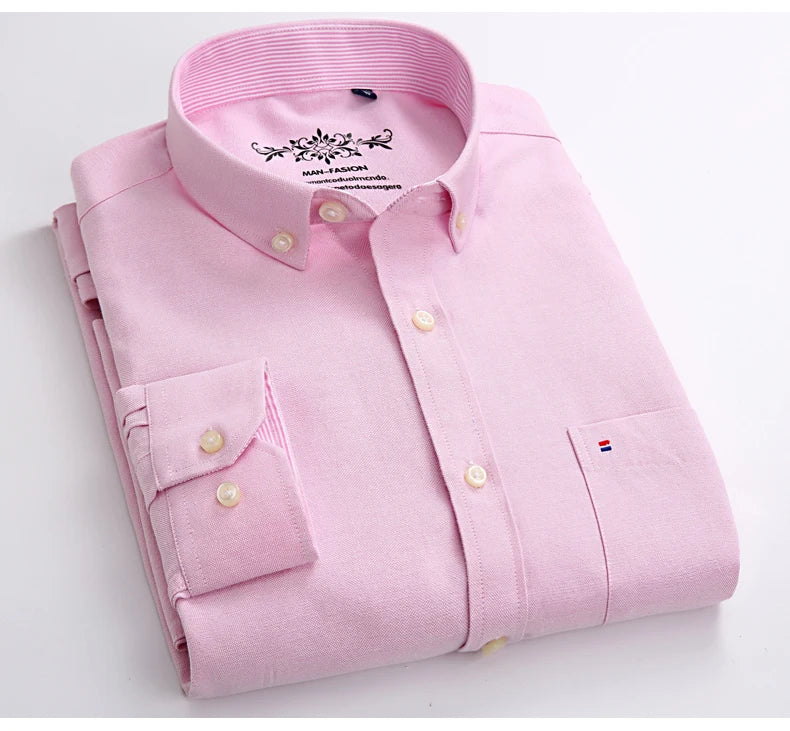 Cotton Oxford Shirt For Men Long Sleeve Plaid Striped Casual Shirts Male Pocket Regular-Fit Button-Down Work Man Dress Shirt