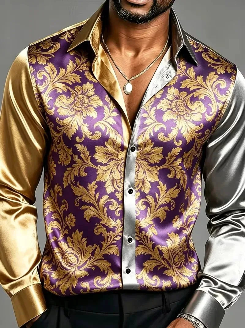 Satin Silk Long Sleeve Baroque Floral Printed Men Dress Shirts Slim Fit Party Nightclub Casual Formal Tops