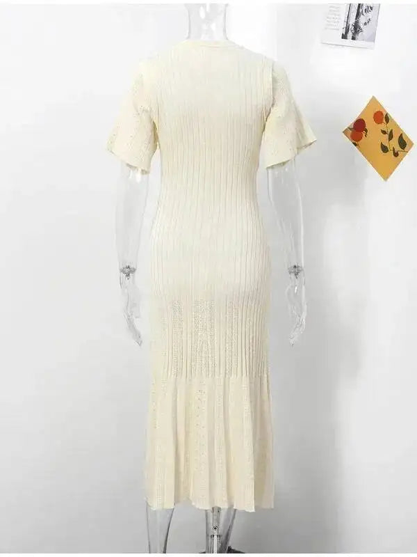 Elegant Knit Dress For Women White Slim O-neck Single Breasted Short Sleeve Long Dresses Female Spring Fashion Lady Robe T88X