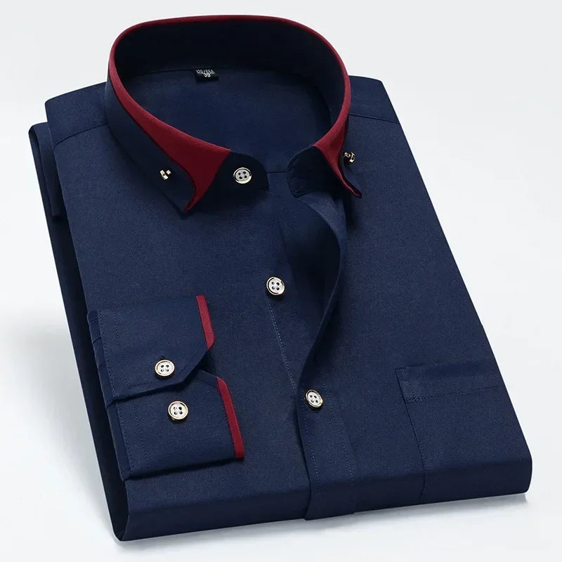 2026 Men's Long Sleeve Business Dress Shirts Solid Formal Button-Down Social Collar Camisa Elastic Anti-wrinkle Casual Men Shirt