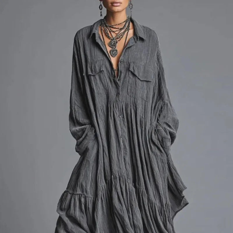 Women's Casual Dresses New Vintage Solid Loose Pleated Bohemian Long Dress 2026 Spring Long Sleeve Button Lapel Shirt Maxi Dress