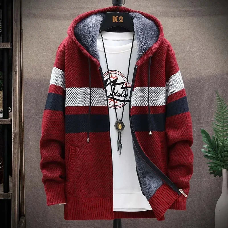 Customizable Striped Mens Sweater Coat Thick Fleece Warm Zipper Wool Hooded Cardigan Jumpers Men Long Sleeve Knitted Sweaters