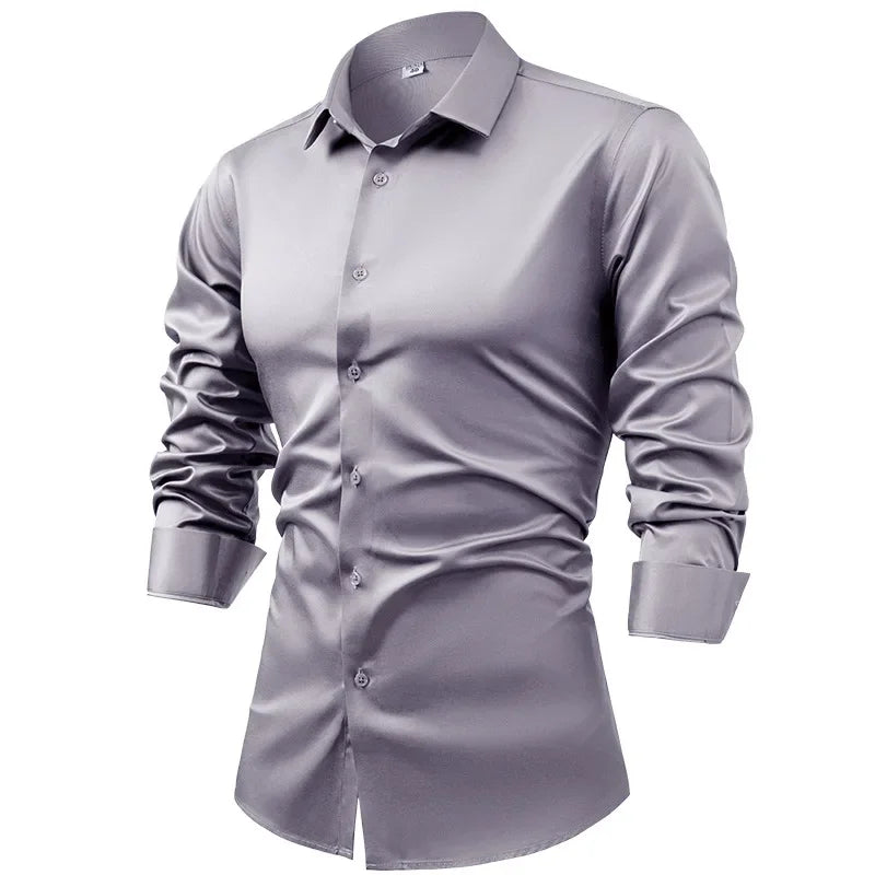 2025 Spring Autumn Royal Blue Silk Satin Long-sleeved Dress Shirts for Men, Navy Blue Business Casual Non-iron Wrinkle Camisas