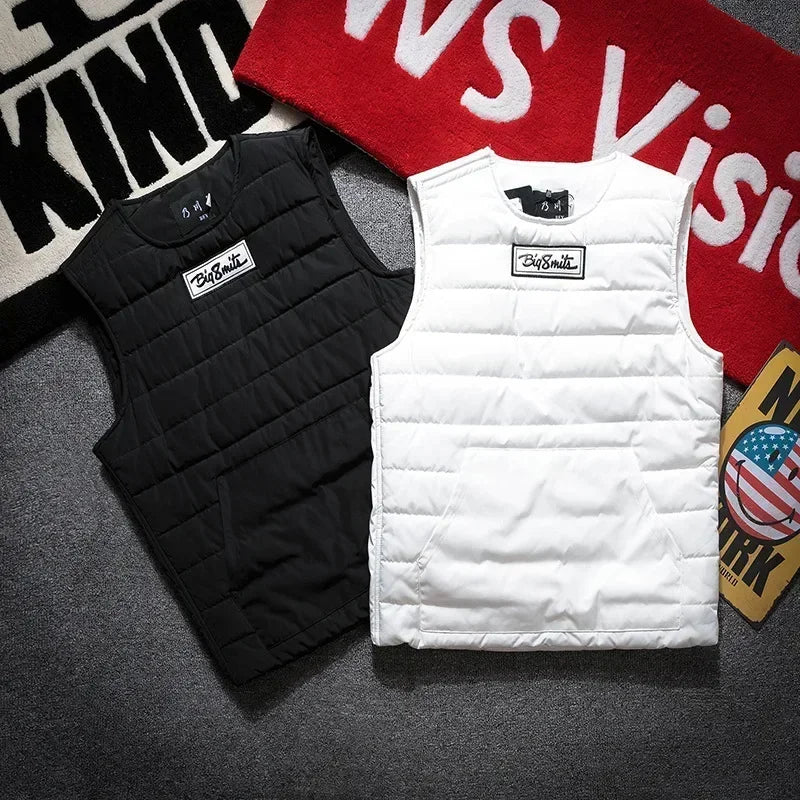 Round Neck Vest Men's Autumn Winter Padded Thickened Thermal Vest Wearing Japanese Fashion Side Zipper Sleeveless Coat Pullover