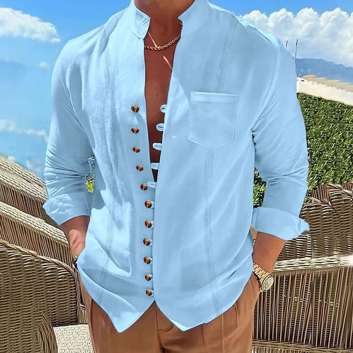 Men's Linen Retro Collar Long Sleeved Shirt, Casual and Comfortable, Multi Button Solid Color Striped Cardigan
