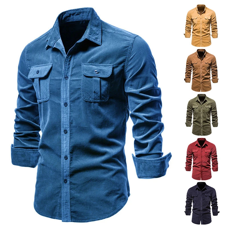 Quality New Single Breasted 100% Cotton Men's Shirt Business Casual Fashion Solid Corduroy Men Shirts Autumn Slim Dress Shirts