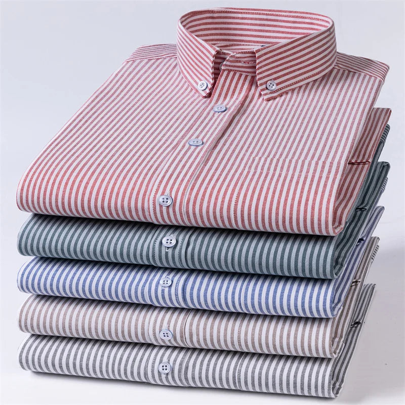 New Fashion Men's Oxford Shirts Long Sleeves Cotton Stripe Thin Soft Regular Fit Formal Shirt Pocket Social Blouse Male Clothing