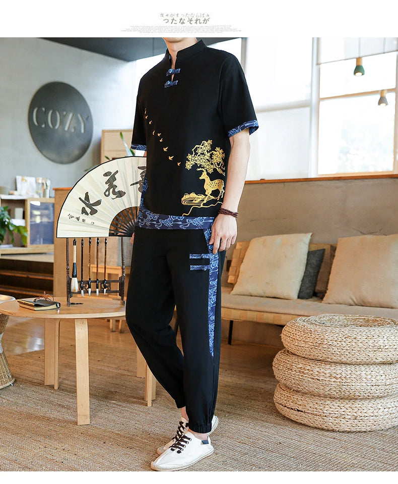 Shirts + Pants summer Cotton linen shorts sleeve shirts Men's Casual Sets Male Fashion trousers and shirts men size M-4XL TZ020