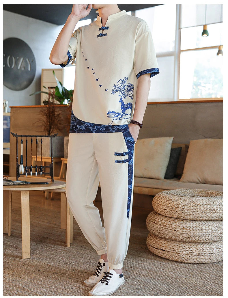 Shirts + Pants summer Cotton linen shorts sleeve shirts Men's Casual Sets Male Fashion trousers and shirts men size M-4XL TZ020