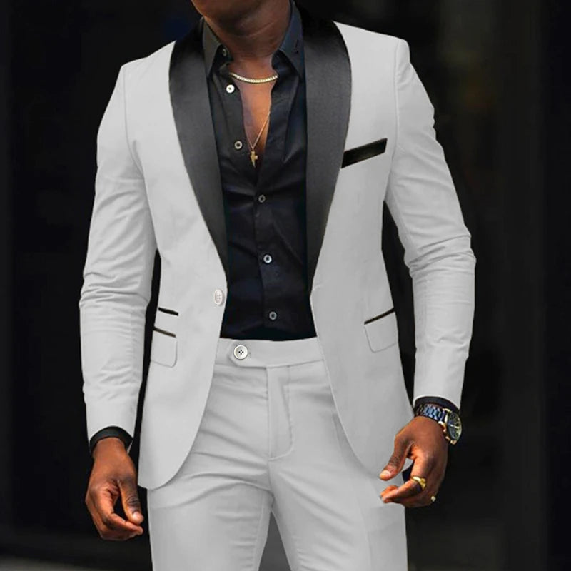 Fashion Men's Suits 2 Pieces Stretch Fabric Double Slit Solid Color Business Slim Dress Blazers Jacket Suit Coat Pants Trousers