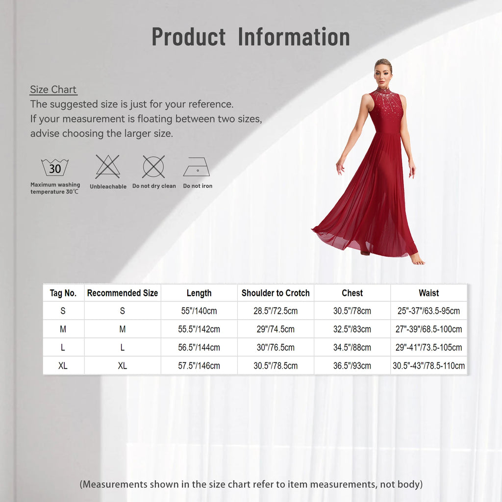 Womens Lyrical Dance Dresses Mock Neck Wide Hemline Shiny Rhinestones Maxi Dress Sleeveless Modern Contemporary Leotard Dresses