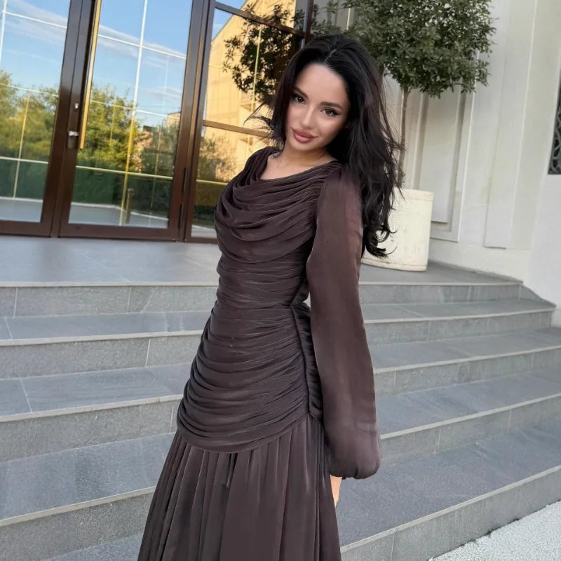 Women's Fashion Draped Design Solid Long Dress 2026 Casual Commute Waist Party Dresses Elegant O-neck Long Sleeve Evening Dress