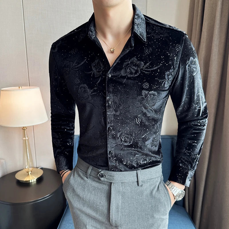 Men's Long Sleeve Velvet Flower Shirt New Luxury Printed Business Casual  Dress Shirts Formal Social Party Turn Down Collar Tops