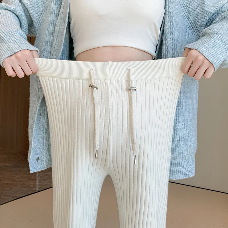 Pregnant Women's Pants Autumn Winter Maternity Knitted Pit Stripe Straight Leg Wide Leg Pants Casual Floor Pants Youth Pregnancy