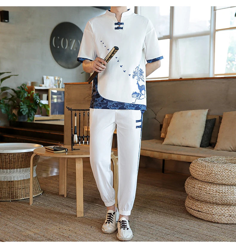 Shirts + Pants summer Cotton linen shorts sleeve shirts Men's Casual Sets Male Fashion trousers and shirts men size M-4XL TZ020